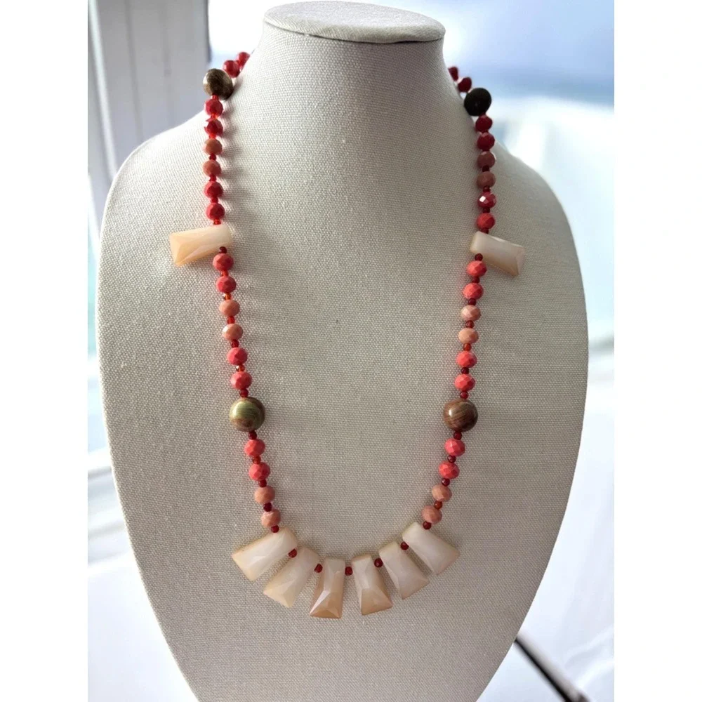 Handmade Red Beige Beaded Necklace With Faceted Beads & Gold Clasp